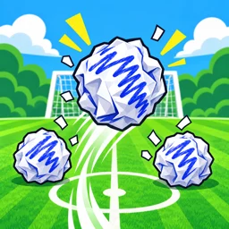 Das App-Symbol von Gapball: eine große zerknüllte Papierkugel mit blauem Gekritzel fliegt durch die Lücke zwischen zwei kleineren, über einem grünen Fußballplatz mit Tor.