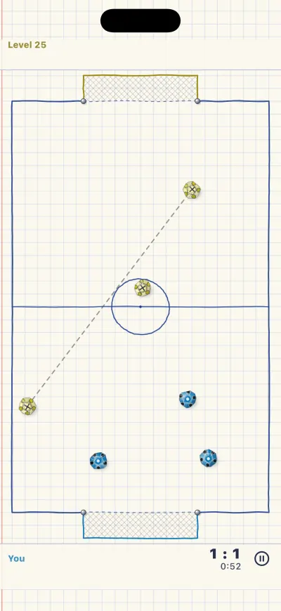 A match on squared paper: a dashed line shows the gap between two balls, and the third ball rolls across it.