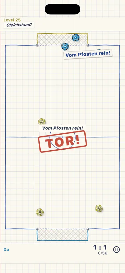 Ein roter Stempel TOR! auf dem Feld, dazu ein Spruch des Kommentators, es steht 1:1.