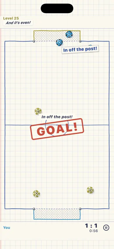A red GOAL! stamp on the pitch and the line In off the post!, with the score at 1:1.