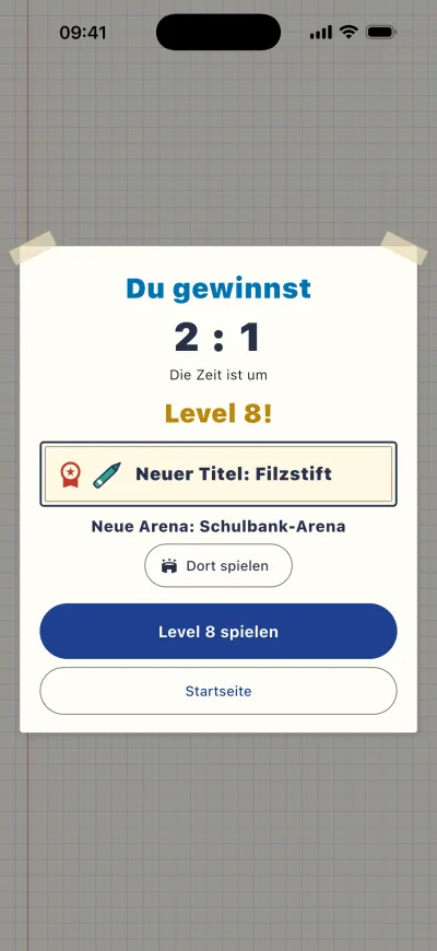 Die Karte nach einem Sieg: gewonnen 2:1, Level 8!, ein neuer Titel und eine neue Arena.